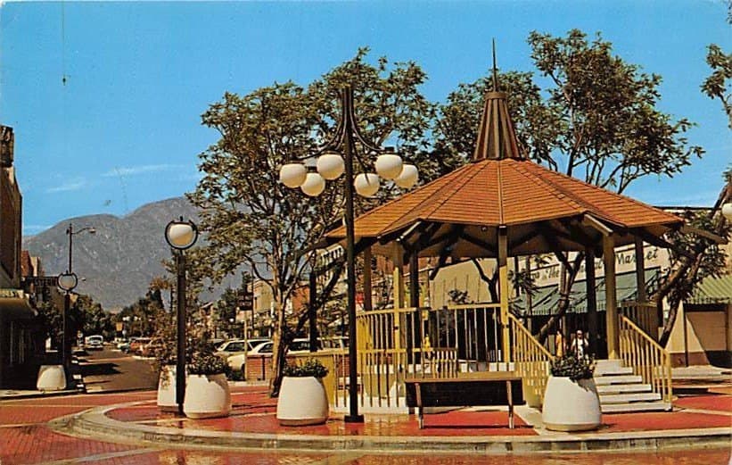 Vintage view of downtown Upland with the San Gabriel Mountains